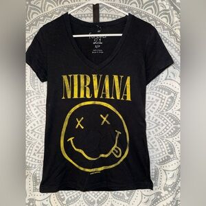 Forever 21 Black V-Neck Tee with Yellow Nirvana Graphic